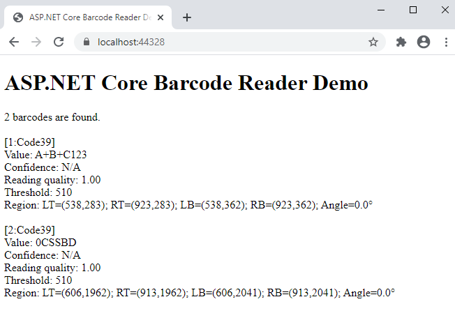 Barcode recognition result in ASP.NET Core application
